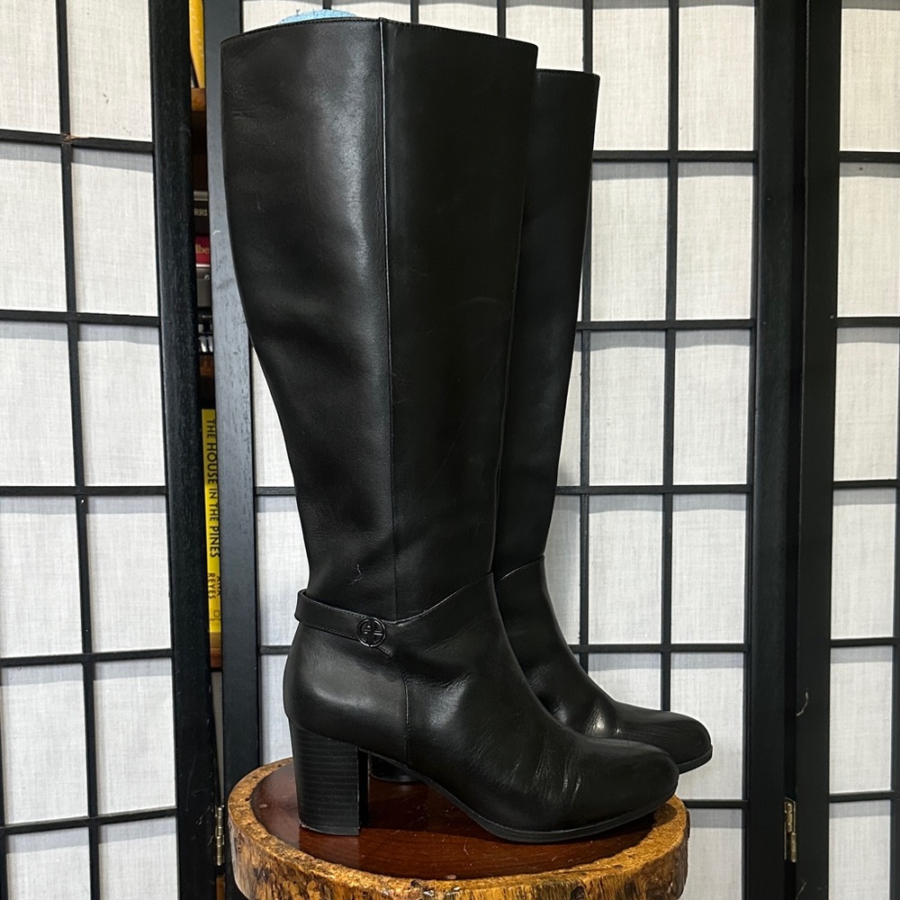 Giani Bernini Black Leather Knee High Heeled Boots EUC Size 9